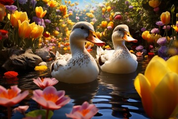 Ducks in a colorful spring garden - obrazy, fototapety, plakaty