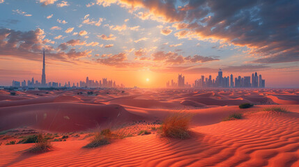 Desert in dubai city background united arab emirates beautiful sky in the morning. - obrazy, fototapety, plakaty