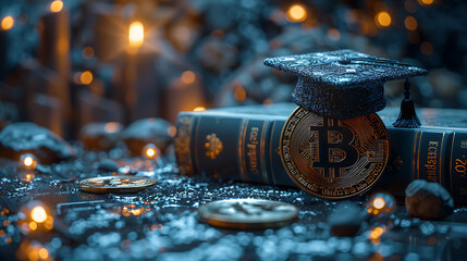 International Graduation cap on Bitcoin Cryptocurrency. Bitcoin is modern of Exchange Digital payment, Education certificate of Abroad program .modern electronic money