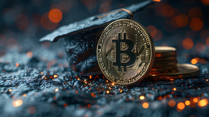 International Graduation cap on Bitcoin Cryptocurrency. Bitcoin is modern of Exchange Digital payment, Education certificate of Abroad program .modern electronic money