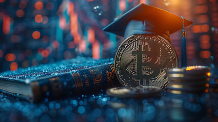 International Graduation cap on Bitcoin Cryptocurrency. Bitcoin is modern of Exchange Digital payment, Education certificate of Abroad program .modern electronic money