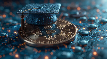 International Graduation cap on Bitcoin Cryptocurrency. Bitcoin is modern of Exchange Digital payment, Education certificate of Abroad program .modern electronic money