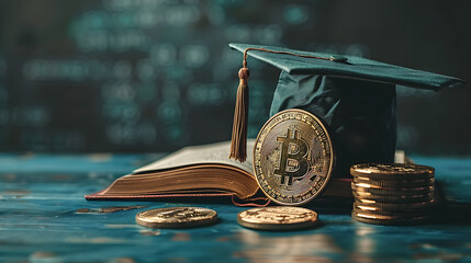 International Graduation cap on Bitcoin Cryptocurrency. Bitcoin is modern of Exchange Digital payment, Education certificate of Abroad program .modern electronic money