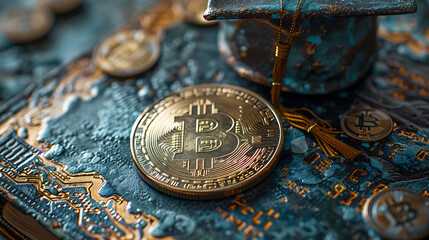International Graduation cap on Bitcoin Cryptocurrency. Bitcoin is modern of Exchange Digital payment, Education certificate of Abroad program .modern electronic money