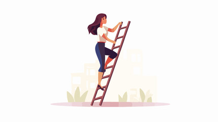 Woman climbing stepladder character flat vector  - obrazy, fototapety, plakaty