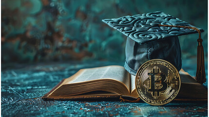 International Graduation cap on Bitcoin Cryptocurrency. Bitcoin is modern of Exchange Digital payment, Education certificate of Abroad program .modern electronic money
