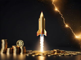 The rocket golden soar into the airwith cryptocurrency coins like Bitcoin against a backdrop of rising and falling stock. Generative Ai.