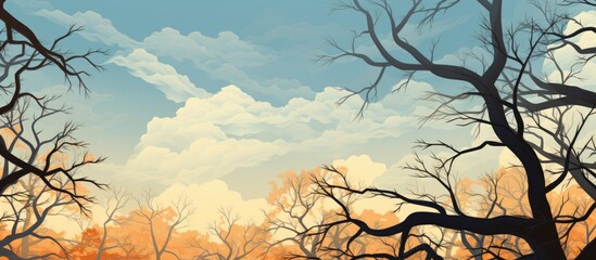 A natural landscape painting featuring a bare tree with branches and twigs set against a cloudy sky filled with cumulus clouds