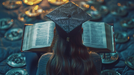 International Graduation cap on Bitcoin Cryptocurrency. Bitcoin is modern of Exchange Digital payment, Education certificate of Abroad program .modern electronic money