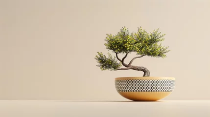 Rolgordijnen A small, intricate bonsai tree thrives inside a vibrant yellow and white ceramic bowl © Muhammad