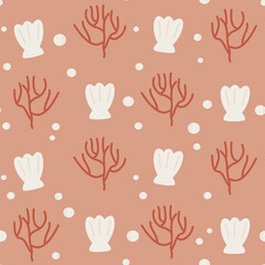 cute hand drawn sea life seamless vector pattern background illustration with red coral and seashell  - 757129882