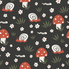 Cute cartoon hand drawn seamless vector pattern illustration with snail, daisy flowers, red mushrooms, worm and leaves on dark background