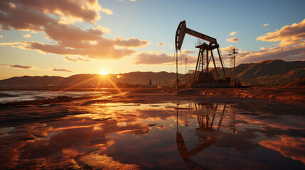 Silhouette of Crude oil pumpjack rig on desert at sunset. - obrazy, fototapety, plakaty