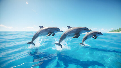 Ocean Acrobatics: Playful Dolphins Leap in Azure Paradise. generative AI