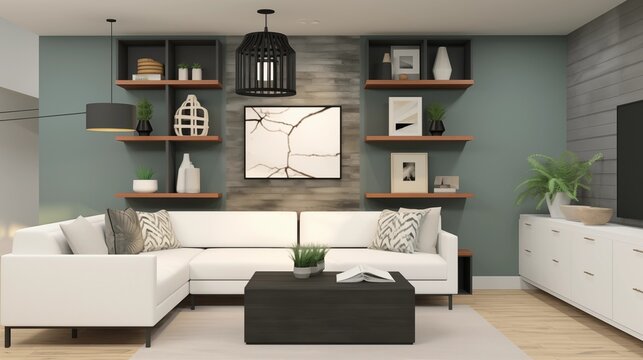 Design a modern living room with a statement wall of built-in shelving