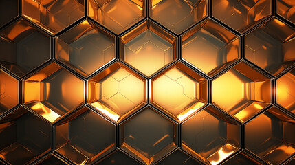 A gold and black hexagonal pattern with a shiny, metallic look - obrazy, fototapety, plakaty