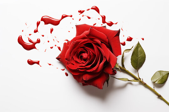 Red Rose on a White Background with Droplets of Red Wine or Blood, Symbolizing Passion, Romance, or Intensity, Ideal for Valentine's Day Greetings, Romantic Occasions, or Gothic-themed Designs