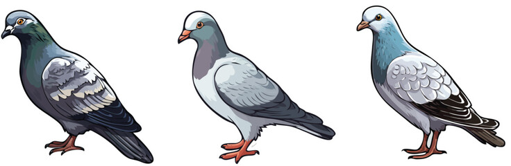 Pigeons set isolated on white background. Pigeons in cartoon style. Vector illustration.