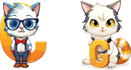Cute cartoon cat alphabet G and G on white background vector illustration