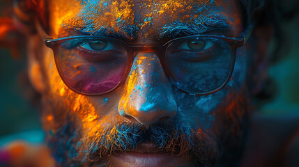 close-up of a Holi celebrating man's face covered in bright colorful Holi colors, symbolizing the spirit of unity and joy.
