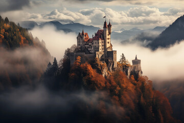 Vintage castle on top of misty mountain. Generative AI - obrazy, fototapety, plakaty