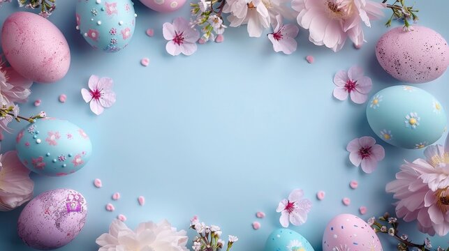 Background with Easter eggs and spring flowers, frame in the middle. Copyspace for your text.