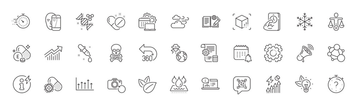 Medical pills, Windy weather and Quiz line icons. Pack of Software, Ethics, Timer icon. Electricity consumption, Organic product, Eco energy pictogram. Demand curve, Chemistry dna, 360 degrees. Vector