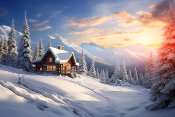 Naklejka premium Wooden house over snow-covered valley in mountain. Generative AI