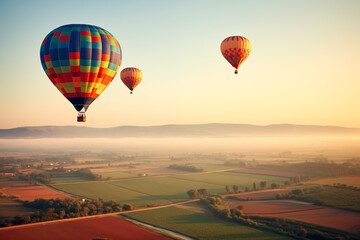 Obraz premium Colorful hot air balloon riding over patchwork fields. Generative AI