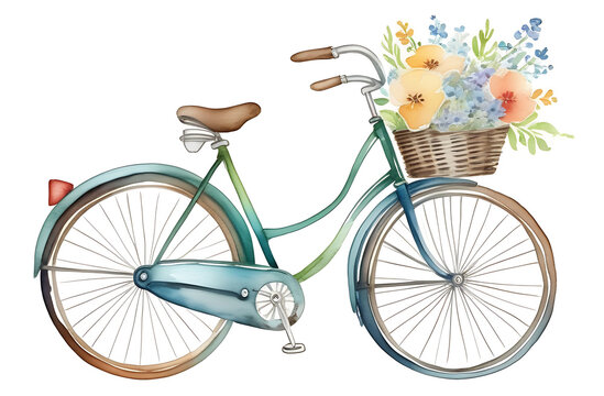 Vintage bike with spring flowers in the front basket on a white background.