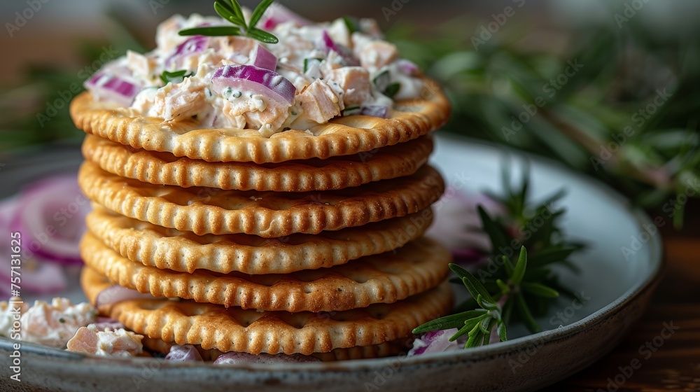 Poster a stack of crackers sitting on top of a plate with a salad on top of one of the crackers.