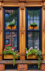 Side of an old house with brick wall with wooden windows.