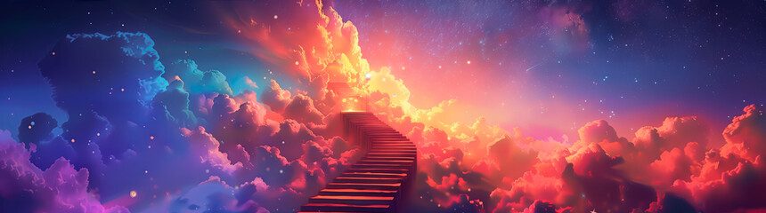 Stairway to heaven in vibrant celestial dreamscape. - obrazy, fototapety, plakaty