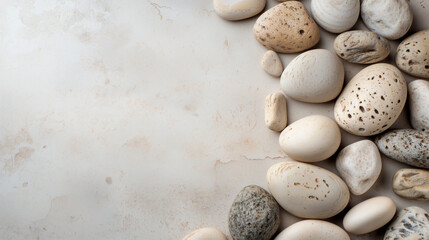 Assorted pebbles on textured background with copy space.