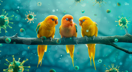 Parrots on branch amid virus particles. Avian flu or Parrot fever concept. - obrazy, fototapety, plakaty