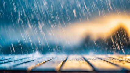 ウッドデッキにたたきつける雨のイメージ