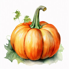 Watercolor HD illustration pumpkin green-orange on a completely white background сreated with Generative Ai