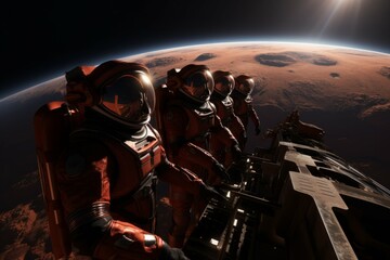 Group of astronauts floating in space near Mars