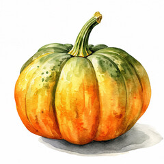 Watercolor HD illustration pumpkin green-orange on a completely white background сreated with Generative Ai