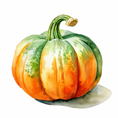 Watercolor HD illustration pumpkin green-orange on a completely white background сreated with Generative Ai