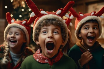 Children playing Christmas charades wearing reindeer antlers