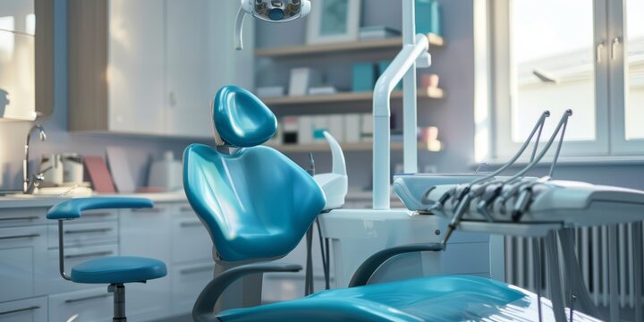 Modern medical dental office. Dental chair and tools for treatment and removal of teeth.