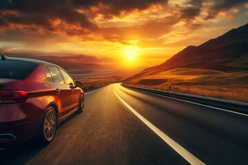 Obraz na płótnie Canvas Car on a scenic road trip at sunrise with breathtaking views