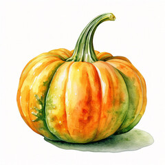 Watercolor HD illustration pumpkin green-orange on a completely white background сreated with Generative Ai