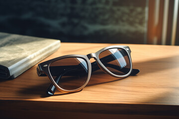 Sleek pair of sunglasses resting on polished wooden desk. Generative AI - Powered by Adobe