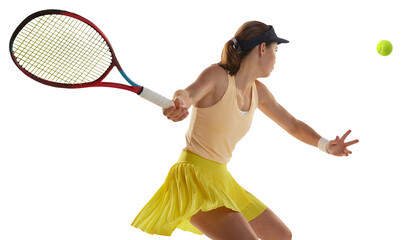 Dynamic portrait of young teen girl, tennis player in sports uniform in action against transparent background. Concept of sport, motivation, education and achievement. Athlete with tennis racket - obrazy, fototapety, plakaty