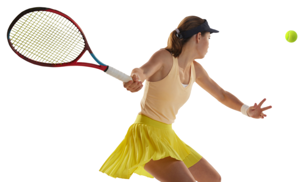 Dynamic portrait of young teen girl, tennis player in sports uniform in action against transparent background. Concept of sport, motivation, education and achievement. Athlete with tennis racket