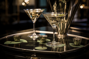 Luxury cocktail shaker and martini glasses on mirrored tray. Generative AI