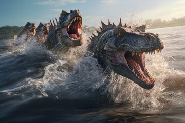 Spinosaurus pack hunting in a river delta - obrazy, fototapety, plakaty