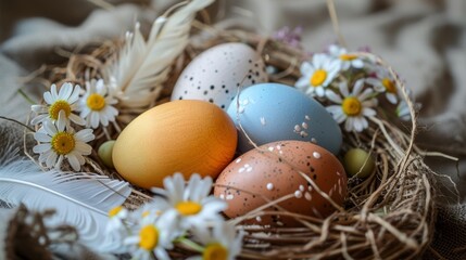 Fototapeta na wymiar Стильные пасхальные яйца на деревенском столе. Натурально окрашенные красочные пасхальные яйца с весенними белыми цветами и перьями на деревенском текстиле